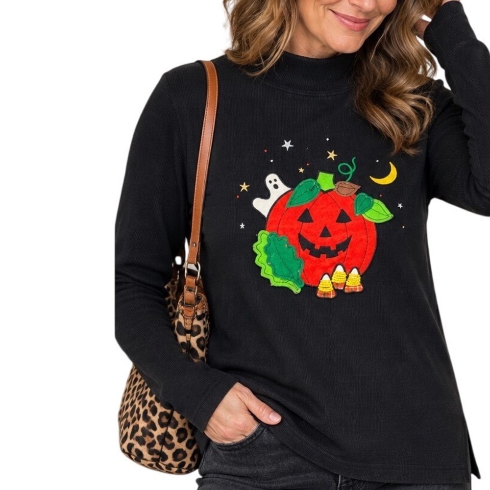 Moving Bleu Womens Black Halloween Pumpkin Ghost Mock Neck Ribbed Top Medium